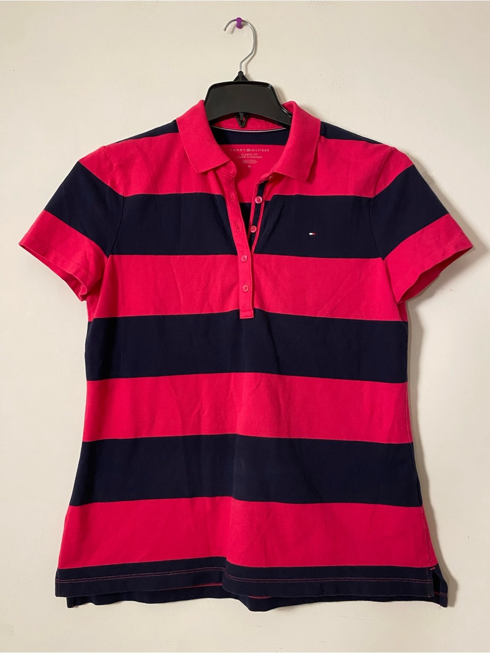 Tommy Hilfiger Hot Pink and Navy Wide-Stripe Polo Shirt